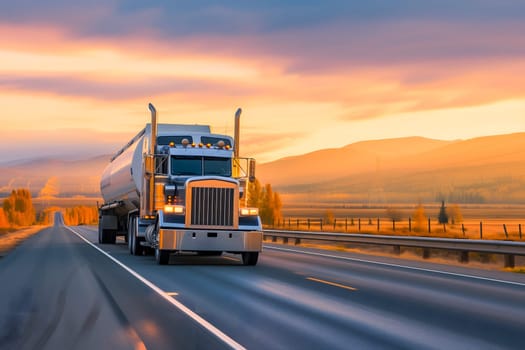 Classic American long-nose semitruck on a highway. Neural network generated image. Not based on any actual scene or pattern.