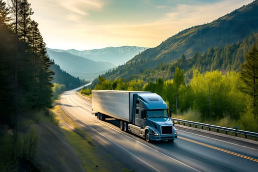 American long-nose semitruck on a highway. Neural network generated image. Not based on any actual scene or pattern.