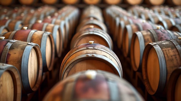 Wine barrels arranged neatly in the wine cellar. Neural network generated image. Not based on any actual scene or pattern.