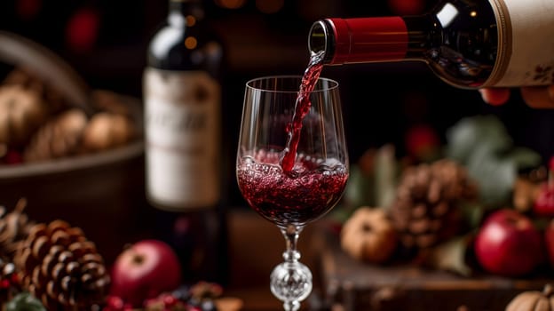 A wine bottle, with its elegant shape and deep red liquid inside, is being poured into a crystal glass, ready to be enjoyed during a romantic dinner. Neural network generated image. Not based on any actual scene or pattern.