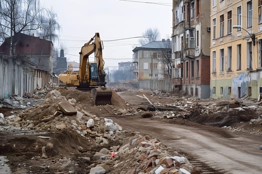 Excavator near destroyed houses in the city after war. Neural network generated image. Not based on any actual scene or pattern.
