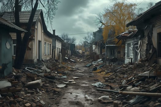 Ruined houses street after war. Neural network generated image. Not based on any actual scene or pattern.