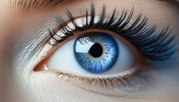 Female Eye with Extreme Long False Eyelashes. Eyelash Extensions. Makeup, Cosmetics, Beauty. Close up, Macro