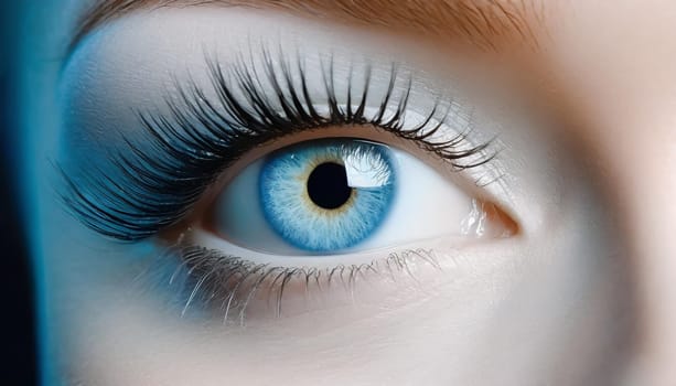 Female Eye with Extreme Long False Eyelashes. Eyelash Extensions. Makeup, Cosmetics, Beauty. Close up, Macro