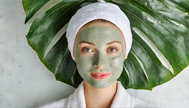 Skin care. Cheerful attractive caucasian female with clay mask on face and cucumber slices in hands against blue background getting beauty treatment. Spa concept with copy space