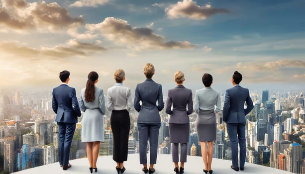 Women and men stand together, backs turned, creating a visual of unity and solidarity against a simple white background