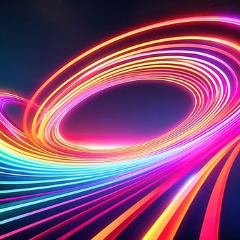 3d render. Abstract panoramic background of twisted dynamic neon lines glowing in the dark room with floor reflection. Virtual fluorescent ribbon loop.