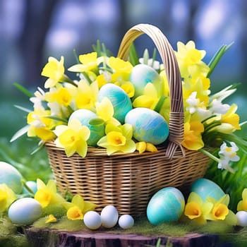 Easter basket with Easter eggs on a green meadow. Daffodils are blooming yellow. Easter generated with AI. Illustration