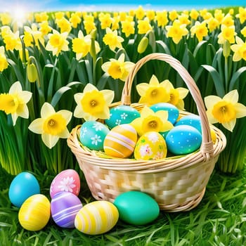 Easter basket with Easter eggs on a green meadow. Daffodils are blooming yellow. Easter generated with AI. Illustration
