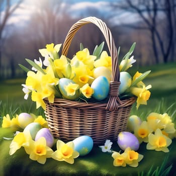Easter basket with Easter eggs on a green meadow. Daffodils are blooming yellow. Easter generated with AI. Illustration