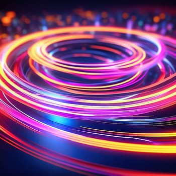 3d render. Abstract panoramic background of twisted dynamic neon lines glowing in the dark room with floor reflection. Virtual fluorescent ribbon loop.