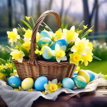 Easter basket with Easter eggs on a green meadow. Daffodils are blooming yellow. Easter generated with AI. Illustration
