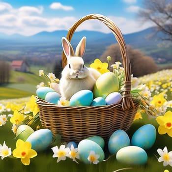 Easter bunny in an Easter basket with Easter eggs on a green meadow. Daffodils are blooming yellow. Easter generated with AI. Illustration