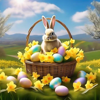 Easter bunny in an Easter basket with Easter eggs on a green meadow. Daffodils are blooming yellow. Easter generated with AI. Illustration