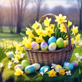 Easter basket with Easter eggs on a green meadow. Daffodils are blooming yellow. Easter generated with AI. Illustration