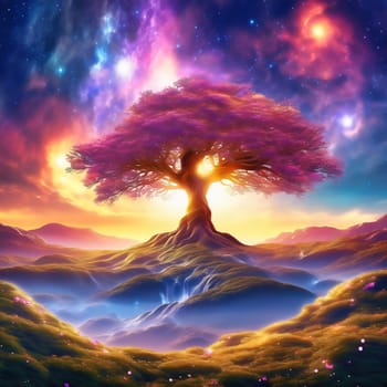 Fantasy tree in front of a starry sky with colorful clouds in the universe. AI generated image. Bright colors with old tree on a hill.