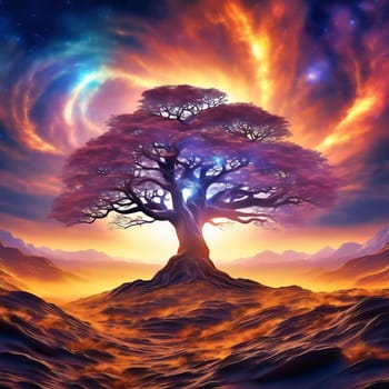 Fantasy tree in front of a starry sky with colorful clouds in the universe. AI generated image. Bright colors with old tree on a hill.