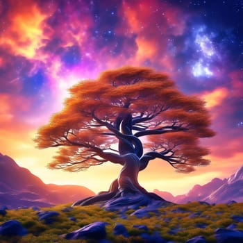 Fantasy tree in front of a starry sky with colorful clouds in the universe. AI generated image. Bright colors with old tree on a hill.