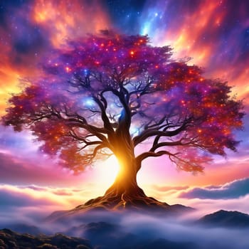Fantasy tree in front of a starry sky with colorful clouds in the universe. AI generated image. Bright colors with old tree on a hill.