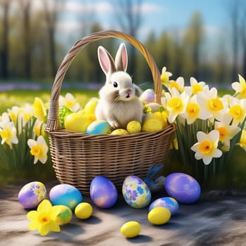 Easter bunny in an Easter basket with Easter eggs on a green meadow. Daffodils are blooming yellow. Easter generated with AI. Illustration