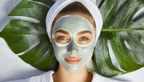 Skin care. Cheerful attractive caucasian female with clay mask on face and cucumber slices in hands against blue background getting beauty treatment. Spa concept with copy space