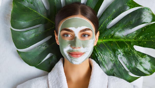Skin care. Cheerful attractive caucasian female with clay mask on face and cucumber slices in hands against blue background getting beauty treatment. Spa concept with copy space