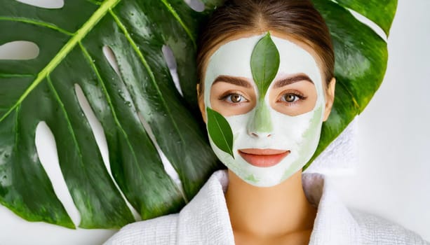 Skin care. Cheerful attractive caucasian female with clay mask on face and cucumber slices in hands against blue background getting beauty treatment. Spa concept with copy space