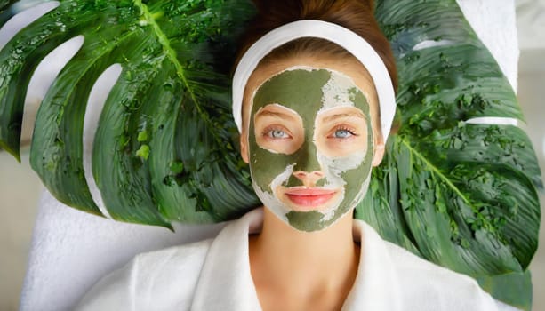 Skin care. Cheerful attractive caucasian female with clay mask on face and cucumber slices in hands against blue background getting beauty treatment. Spa concept with copy space