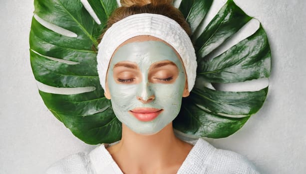 Skin care. Cheerful attractive caucasian female with clay mask on face and cucumber slices in hands against blue background getting beauty treatment. Spa concept with copy space