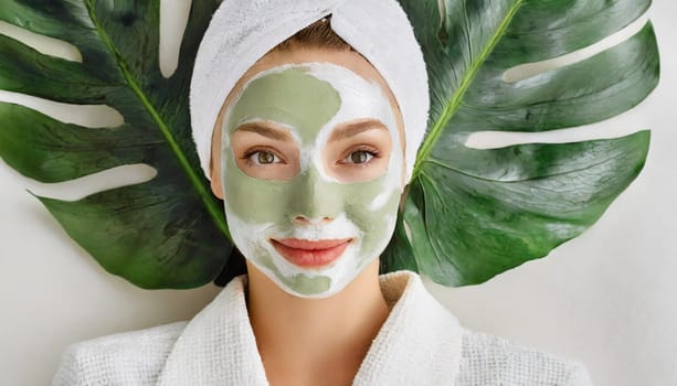 Skin care. Cheerful attractive caucasian female with clay mask on face and cucumber slices in hands against blue background getting beauty treatment. Spa concept with copy space
