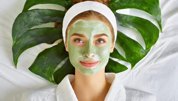 Skin care. Cheerful attractive caucasian female with clay mask on face and cucumber slices in hands against blue background getting beauty treatment. Spa concept with copy space