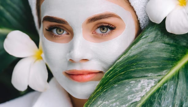 Skin care. Cheerful attractive caucasian female with clay mask on face and cucumber slices in hands against blue background getting beauty treatment. Spa concept with copy space
