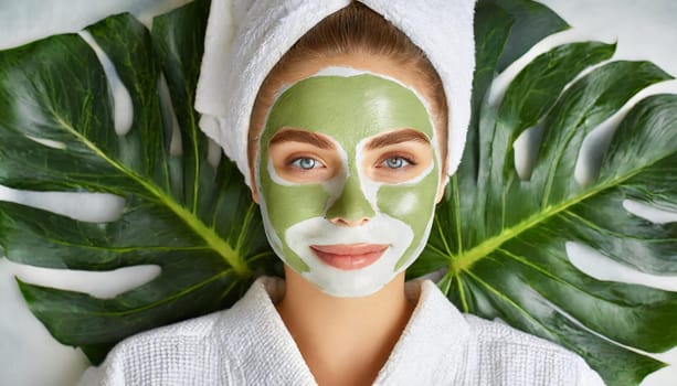 Skin care. Cheerful attractive caucasian female with clay mask on face and cucumber slices in hands against blue background getting beauty treatment. Spa concept with copy space