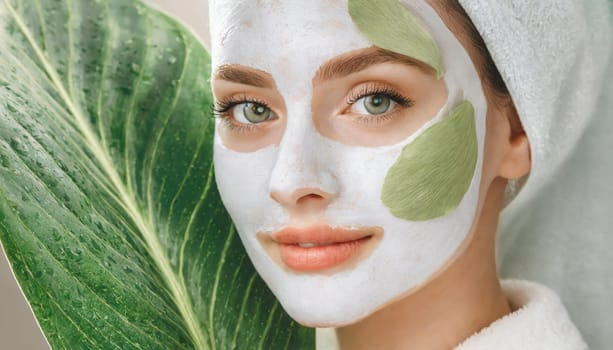 Skin care. Cheerful attractive caucasian female with clay mask on face and cucumber slices in hands against blue background getting beauty treatment. Spa concept with copy space
