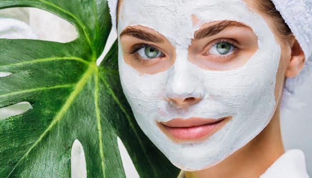 Skin care. Cheerful attractive caucasian female with clay mask on face and cucumber slices in hands against blue background getting beauty treatment. Spa concept with copy space