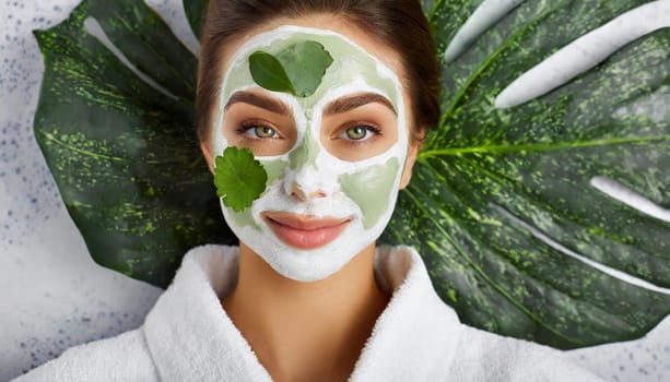 Skin care. Cheerful attractive caucasian female with clay mask on face and cucumber slices in hands against blue background getting beauty treatment. Spa concept with copy space