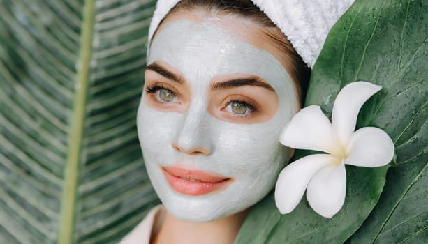 Skin care. Cheerful attractive caucasian female with clay mask on face and cucumber slices in hands against blue background getting beauty treatment. Spa concept with copy space