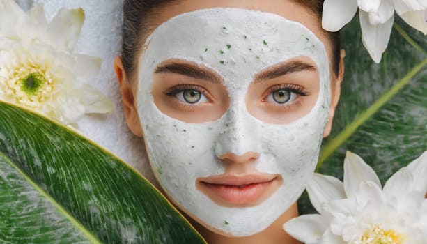 Skin care. Cheerful attractive caucasian female with clay mask on face and cucumber slices in hands against blue background getting beauty treatment. Spa concept with copy space