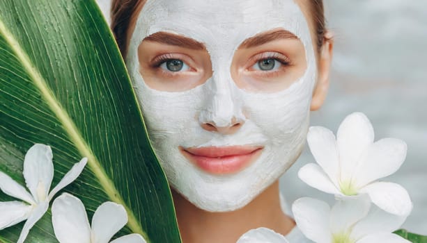 Skin care. Cheerful attractive caucasian female with clay mask on face and cucumber slices in hands against blue background getting beauty treatment. Spa concept with copy space