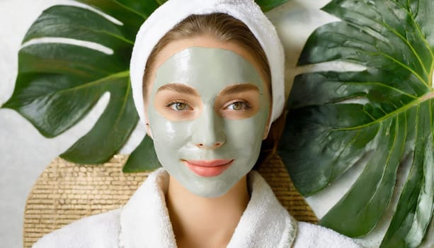 Skin care. Cheerful attractive caucasian female with clay mask on face and cucumber slices in hands against blue background getting beauty treatment. Spa concept with copy space