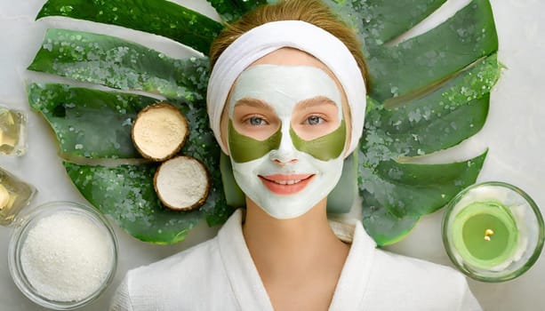 Skin care. Cheerful attractive caucasian female with clay mask on face and cucumber slices in hands against blue background getting beauty treatment. Spa concept with copy space