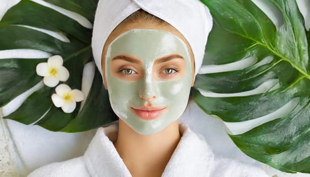 Skin care. Cheerful attractive caucasian female with clay mask on face and cucumber slices in hands against blue background getting beauty treatment. Spa concept with copy space