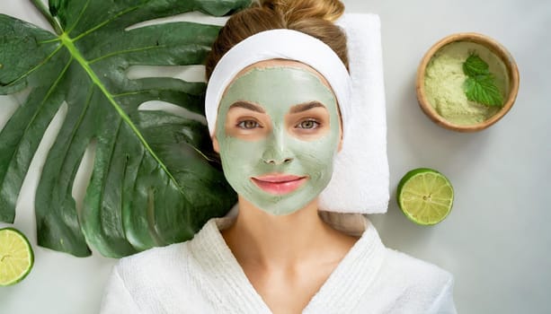 Skin care. Cheerful attractive caucasian female with clay mask on face and cucumber slices in hands against blue background getting beauty treatment. Spa concept with copy space