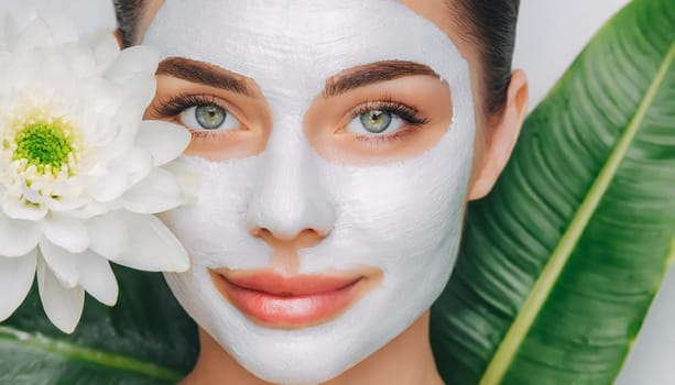 Skin care. Cheerful attractive caucasian female with clay mask on face and cucumber slices in hands against blue background getting beauty treatment. Spa concept with copy space