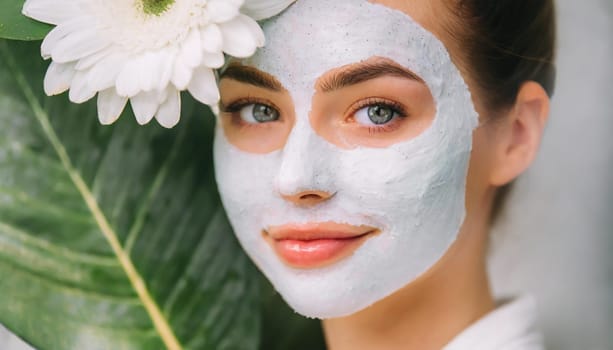 Skin care. Cheerful attractive caucasian female with clay mask on face and cucumber slices in hands against blue background getting beauty treatment. Spa concept with copy space