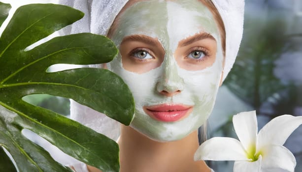 Skin care. Cheerful attractive caucasian female with clay mask on face and cucumber slices in hands against blue background getting beauty treatment. Spa concept with copy space