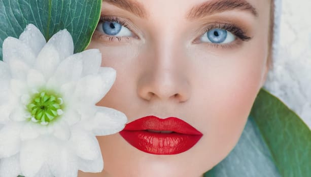 Skincare, mask for eyes and face of woman on blue background for wellness, cosmetics and facial treatment. Beauty, luxury spa and girl relax with eye pads for dermatology, healthy skin and self care