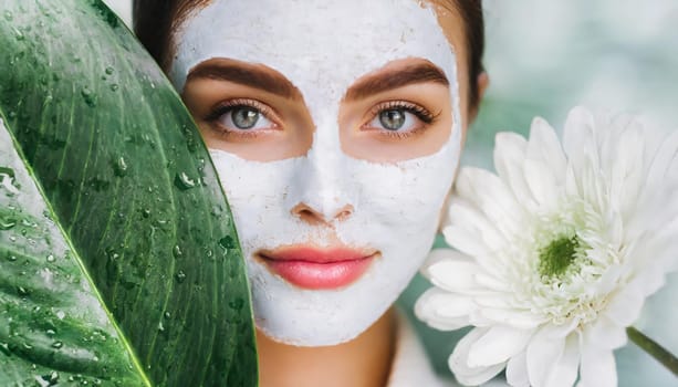 Skin care. Cheerful attractive caucasian female with clay mask on face and cucumber slices in hands against blue background getting beauty treatment. Spa concept with copy space
