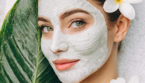 Skin care. Cheerful attractive caucasian female with clay mask on face and cucumber slices in hands against blue background getting beauty treatment. Spa concept with copy space