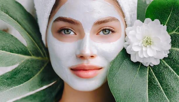 Skin care. Cheerful attractive caucasian female with clay mask on face and cucumber slices in hands against blue background getting beauty treatment. Spa concept with copy space
